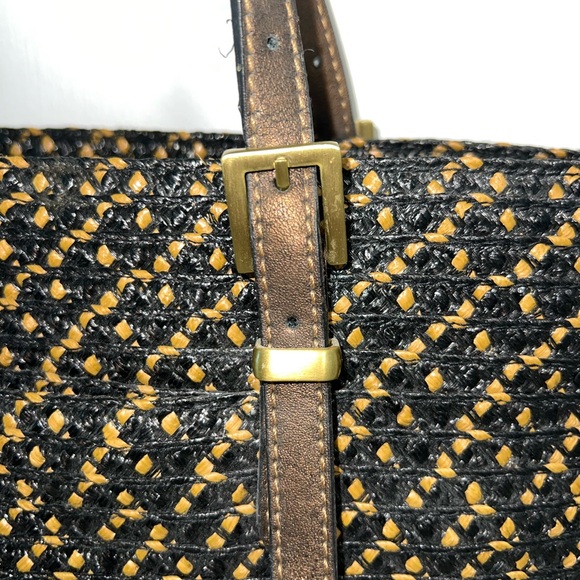 ERIC JAVITS straw raffia black and tan leather trim tote. Beach/ summer tote. - Picture 3 of 14